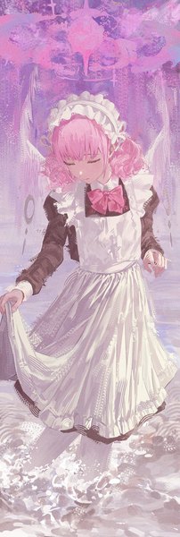 Anime picture 1080x3201 with blue archive mika (blue archive) cute mdr single tall image short hair pink hair eyes closed maid partially submerged turning head girl uniform wings headdress maid headdress apron halo lolita hairband