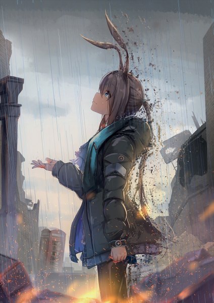 Anime picture 1043x1475 with arknights amiya (arknights) caisena single long hair tall image fringe blue eyes hair between eyes brown hair standing animal ears sky cloud (clouds) outdoors ponytail long sleeves profile open jacket bunny ears