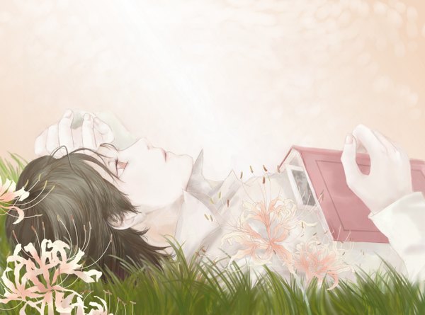 Anime picture 2563x1903 with original isankyou single highres short hair black hair red eyes lying profile pale skin boy flower (flowers) plant (plants) shirt book (books) grass higanbana photo (object)