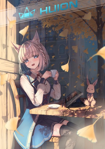 Anime picture 1332x1894 with original huion amane utata single tall image looking at viewer blush fringe short hair open mouth blue eyes sitting holding signed animal ears indoors blunt bangs braid (braids) long sleeves head tilt