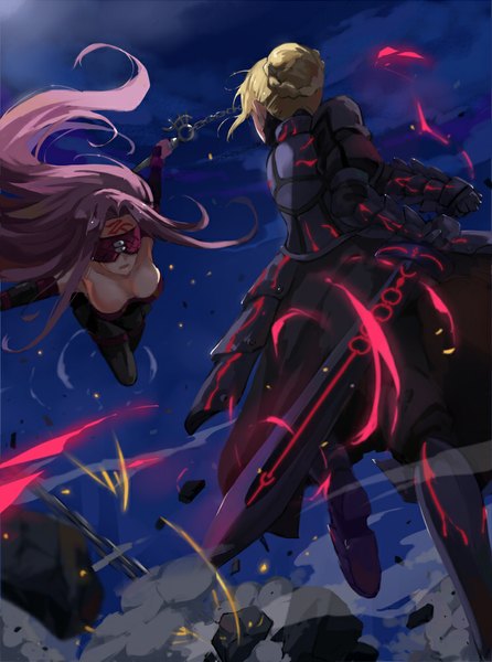 Anime picture 744x1000 with fate (series) fate/stay night type-moon artoria pendragon (all) saber alter rider werkbau (artist) long hair tall image breasts light erotic blonde hair large breasts standing multiple girls pink hair braid (braids) from behind night hair bun (hair buns)