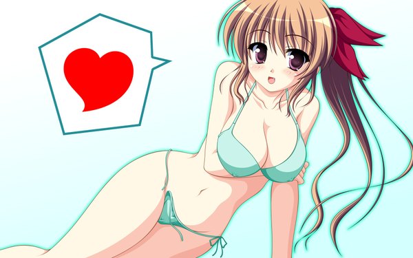 Anime picture 1920x1200 with kakesu highres light erotic brown hair wide image white background purple eyes ponytail erect nipples covered nipples girl swimsuit bikini