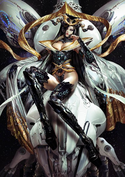 Anime picture 1200x1702 with azazel1944 single long hair tall image fringe breasts light erotic black hair sitting cleavage full body nail polish horn (horns) lips hair over one eye realistic high heels lipstick silver eyes chin rest