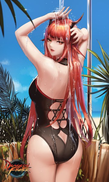 Anime picture 3543x5906 with dungeon and fighter monaim single long hair tall image looking at viewer blush fringe highres light erotic red eyes yellow eyes absurdres sky outdoors red hair blunt bangs parted lips looking back from behind