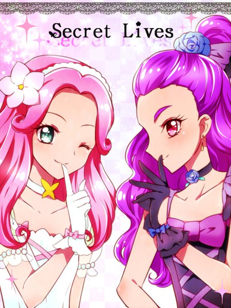 Anime picture 600x800 with precure mahou girls precure! yes! precure 5 toei animation hanami kotoha ha-chan (mahou girls precure!) mimino kurumi milk (pretty cure) kagami chihiro long hair tall image looking at viewer blush smile red eyes multiple girls green eyes looking away pink hair ponytail