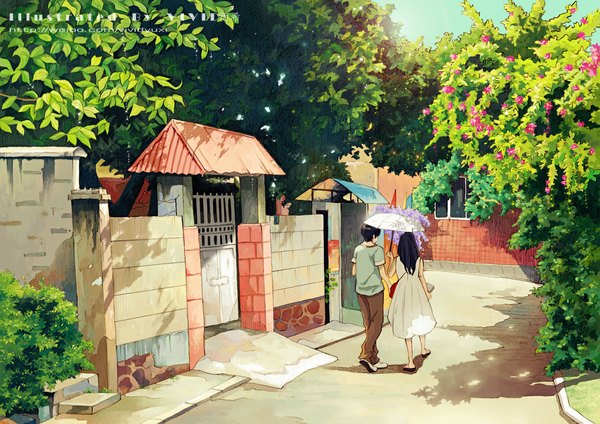 Anime picture 1181x835 with original vivid from behind sunlight couple summer nature street girl dress boy plant (plants) tree (trees) white dress umbrella road