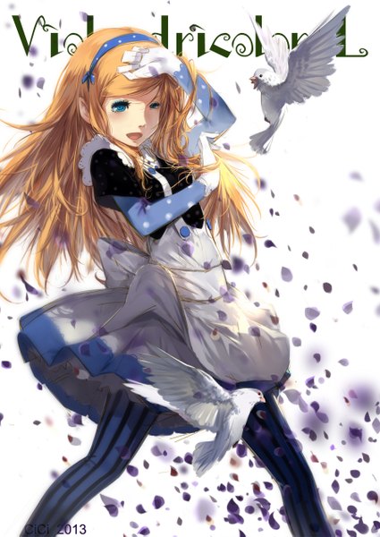 Anime picture 900x1269 with alice in wonderland alice (wonderland) cici single long hair tall image blush open mouth blue eyes blonde hair girl dress animal petals hairband bird (birds)
