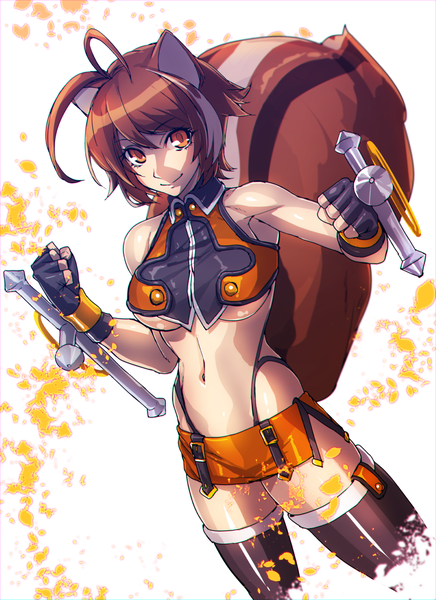 Anime picture 760x1045 with blazblue makoto nanaya pizaya single tall image looking at viewer short hair breasts light erotic smile brown hair bare shoulders animal ears ahoge tail animal tail orange eyes underboob side slit girl