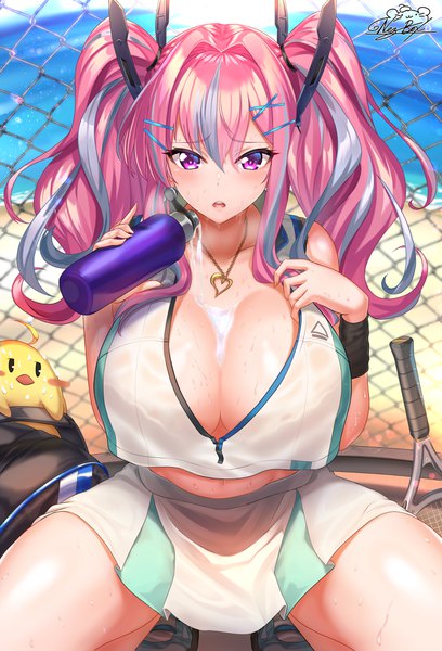 Anime picture 2748x4039 with azur lane manjuu (azur lane) bremerton (azur lane) bremerton (scorching-hot training) (azur lane) nez-kun (nezkunn) single long hair tall image looking at viewer blush fringe highres breasts open mouth light erotic hair between eyes purple eyes twintails holding signed