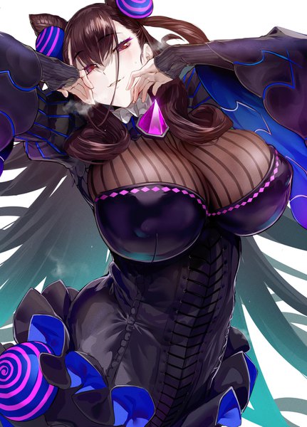 Anime picture 1134x1577 with fate (series) fate/grand order murasaki shikibu (fate) ikuchan kaoru single long hair tall image looking at viewer blush fringe breasts light erotic simple background smile hair between eyes red eyes brown hair large breasts standing white background