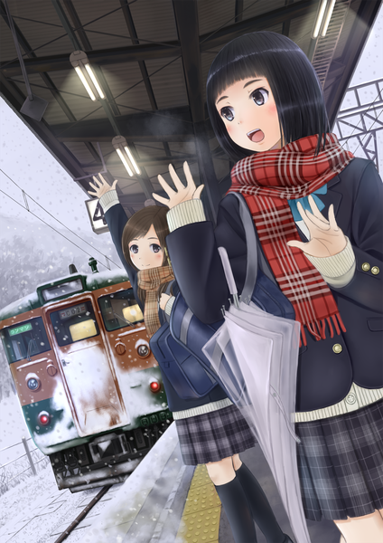 Anime picture 1190x1684 with original taka (tsmix) tall image blush short hair open mouth black hair brown hair multiple girls black eyes light snowing winter snow closed umbrella transparent umbrella girl skirt 2 girls socks