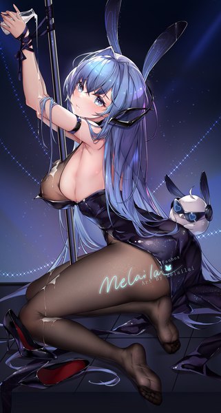 Anime picture 1605x3000 with azur lane new jersey (azur lane) new jersey (exhilarating steps!) (azur lane) melailai single long hair tall image looking at viewer blush fringe breasts blue eyes light erotic hair between eyes large breasts sitting holding signed animal ears blue hair