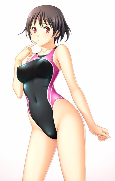 Anime picture 1051x1649 with original kuri (kurigohan) single tall image short hair light erotic black hair red eyes white background girl swimsuit