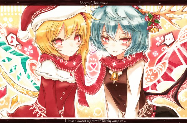 Anime picture 1920x1266 with touhou flandre scarlet remilia scarlet kyuumoto kuku looking at viewer blush highres short hair blonde hair smile red eyes multiple girls blue hair long sleeves parted lips horn (horns) light smile sweat leaning embarrassed