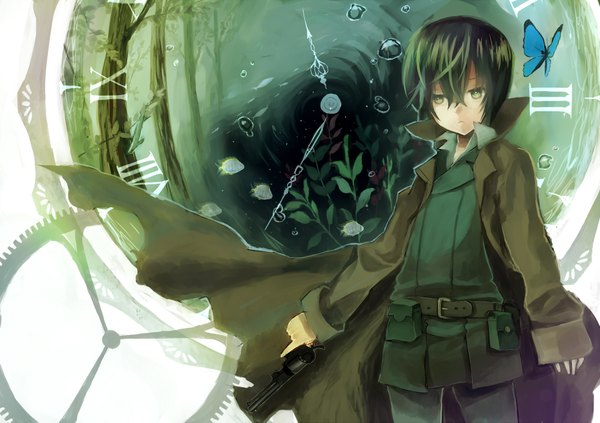 Anime picture 2000x1413 with kino no tabi kino (kino no tabi) aiharafu single highres short hair standing holding green eyes green hair wind boy flower (flowers) weapon plant (plants) tree (trees) water belt gun insect