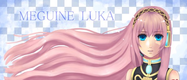 Anime picture 1400x604 with vocaloid megurine luka bounin single long hair blue eyes wide image pink hair checkered background girl headphones