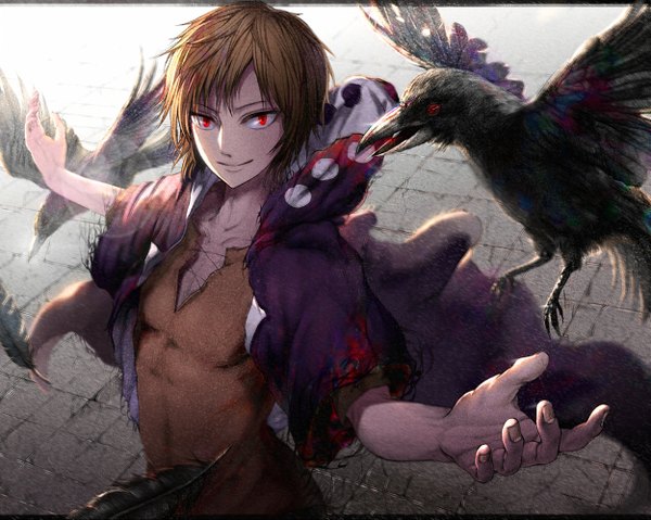 Anime picture 1250x998 with kagerou project shaft (studio) kano shuuya hisahisahisahisa single looking at viewer fringe short hair blonde hair smile red eyes outdoors fingernails from above wind spread arms arched back boy animal bird (birds)