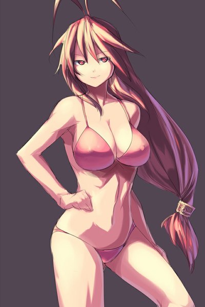 Anime picture 666x1000 with original saiste single long hair tall image looking at viewer breasts light erotic simple background smile brown hair large breasts standing brown eyes ahoge grey background low ponytail girl hair ornament swimsuit