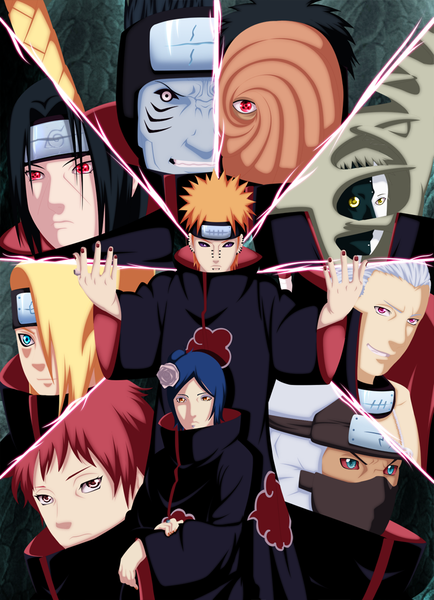 Anime picture 1000x1380 with naruto studio pierrot naruto (series) uchiha itachi uchiha obito tobi deidara sasori pain (naruto) konan hidan deva path hoshigaki kisame kakuzu zetsu dartroberth long hair tall image fringe short hair