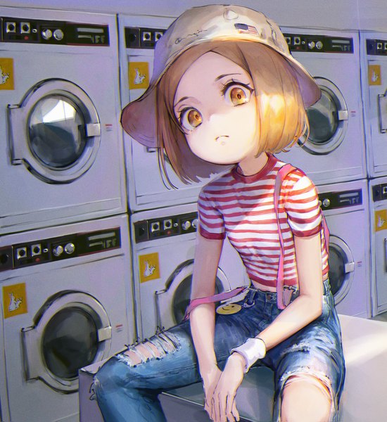 Anime picture 2653x2893 with fate (series) fate/grand order paul bunyan (fate/grand order) shogo (shogo) single tall image looking at viewer fringe highres short hair blonde hair sitting yellow eyes indoors alternate costume torn clothes striped girl hat t-shirt