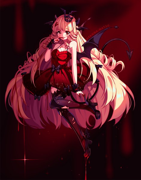 Anime picture 786x1000 with original hyanna-natsu single tall image looking at viewer blush fringe blonde hair simple background red eyes signed full body bent knee (knees) tail very long hair nail polish horn (horns) fingernails light smile sparkle