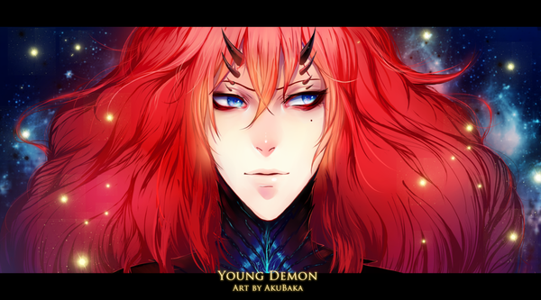 Anime picture 1300x723 with original akubaka single long hair blue eyes wide image signed looking away red hair horn (horns) inscription demon boy