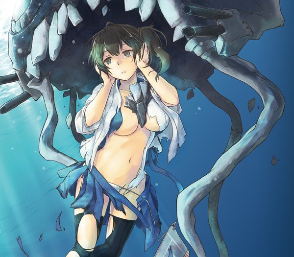 Anime picture 1028x900 with kantai collection kaga aircraft carrier hoshikuzushi single blush short hair breasts light erotic black hair large breasts looking away ponytail sunlight torn clothes side ponytail underwater empty eyes girl thighhighs skirt