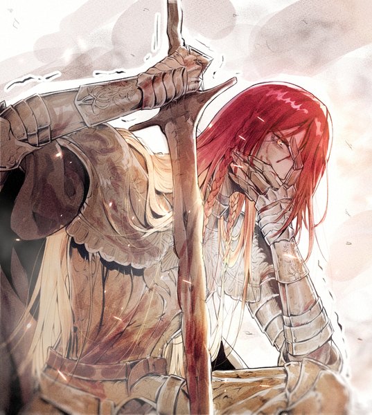 Anime picture 1000x1117 with elden ring radagon of the golden order bai rui single long hair tall image holding yellow eyes looking away red hair braid (braids) hand on face blood on face spoilers boy weapon sword armor blood gauntlets