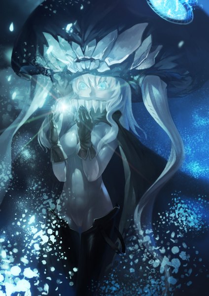 Anime picture 2480x3508 with kantai collection wo-class aircraft carrier azomo single long hair tall image highres breasts light erotic white hair aqua eyes teeth glowing cameltoe light glowing eye (eyes) white skin shinkaisei-kan girl gloves