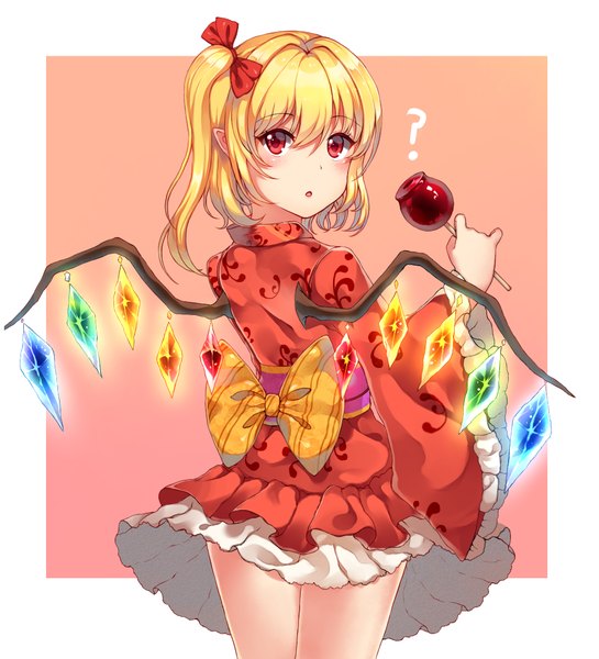 Anime picture 1000x1100 with touhou flandre scarlet papo single tall image looking at viewer blush short hair blonde hair red eyes one side up ? girl bow hair bow wings food fruit crystal short kimono