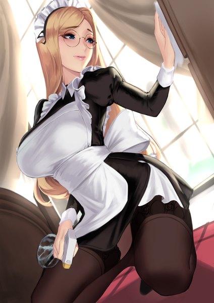 Anime picture 2480x3507 with original cian yo single long hair tall image blush fringe highres breasts blue eyes light erotic blonde hair smile large breasts holding looking away full body bent knee (knees) indoors long sleeves