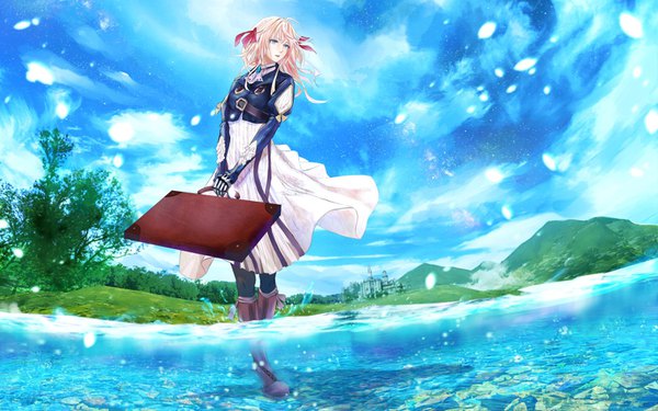 Anime picture 1600x1000 with violet evergarden kyoto animation violet evergarden (character) tanikku single fringe open mouth blue eyes blonde hair hair between eyes standing looking away sky cloud (clouds) ahoge outdoors wind puffy sleeves partially submerged mountain