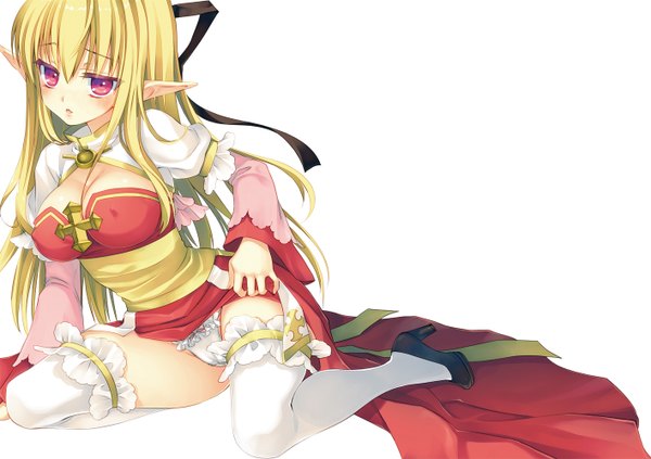 Anime picture 1416x1000 with ragnarok online archbishop (ragnarok online) nama2e single long hair breasts light erotic simple background blonde hair red eyes large breasts white background pointy ears elf girl thighhighs dress underwear panties black thighhighs