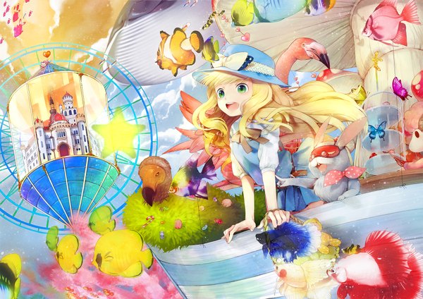 Anime picture 1839x1300 with alice in wonderland alice (alice in wonderland) hakusai (tiahszld) long hair highres open mouth blonde hair green eyes girl dress hat animal food sweets bird (birds) star (symbol) insect butterfly fish (fishes) bunny