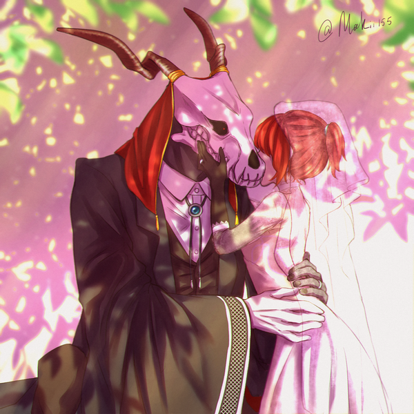 Anime picture 1499x1500 with mahou tsukai no yome wit studio hatori chise ellias ainsworth makii155 tall image red eyes standing signed ponytail red hair long sleeves horn (horns) sunlight blurry wide sleeves hug twitter username arched back sunbeam