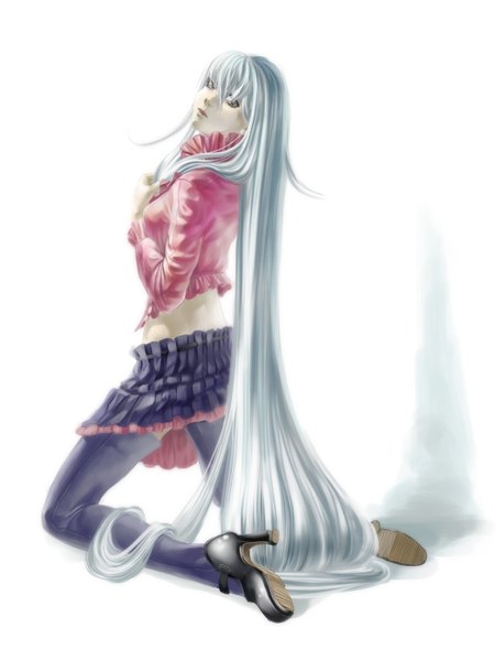 Anime picture 1024x1367 with original gin-sensei tall image simple background white background silver hair very long hair looking back lips realistic grey eyes kneeling girl miniskirt