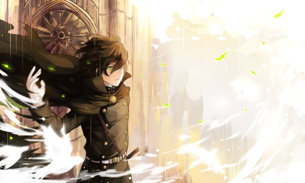 Anime picture 1200x721 with owari no seraph wit studio hyakuya yuuichirou handa single fringe short hair brown hair wide image green eyes looking away from above wind sunlight hair over one eye boy gloves uniform animal white gloves