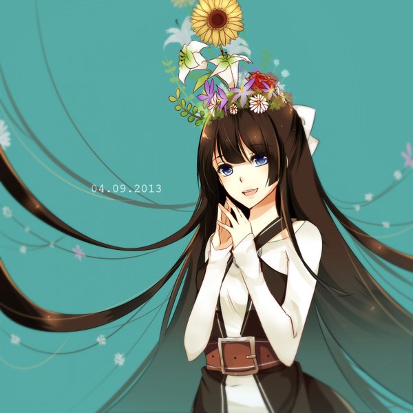 Anime picture 1500x1500 with original na-miey single long hair looking at viewer fringe open mouth blue eyes smile brown hair blunt bangs very long hair hair flower dated girl flower (flowers) bow hair bow belt sunflower