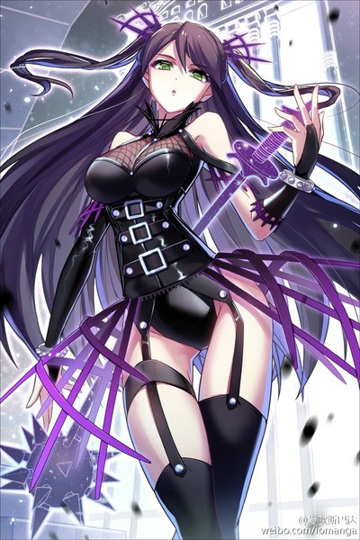 Anime picture 667x1000 with bloodline daisy (bloodline) iotower long hair tall image looking at viewer fringe breasts open mouth light erotic hair between eyes twintails bare shoulders holding green eyes signed purple hair from below midriff looking down