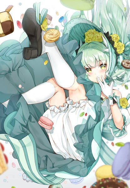 Anime picture 2125x3070 with fate (series) fate/grand order kiyohime (fate) hokuotzu single long hair tall image looking at viewer blush highres yellow eyes horn (horns) green hair light smile hand to mouth falling girl dress gloves flower (flowers)