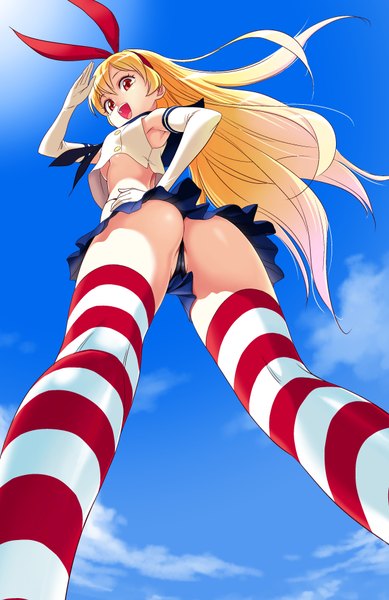 Anime picture 1232x1900 with kantai collection aikatsu! shimakaze destroyer hoshimiya ichigo yamashita bungo long hair tall image looking at viewer breasts open mouth light erotic blonde hair red eyes sky ass wind from below zettai ryouiki hand on hip underboob