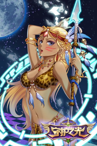 Anime picture 800x1200 with guardian of the light (game) amazon queen (guardian of the light) guozi li single tall image breasts open mouth blue eyes light erotic blonde hair open clothes open shirt dark skin arm behind head girl navel weapon swimsuit bikini shirt