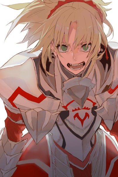 Anime picture 665x990 with fate (series) fate/grand order mordred (fate) kibadori rue single tall image looking at viewer short hair simple background blonde hair white background green eyes ponytail angry girl armor spaulder (spaulders)