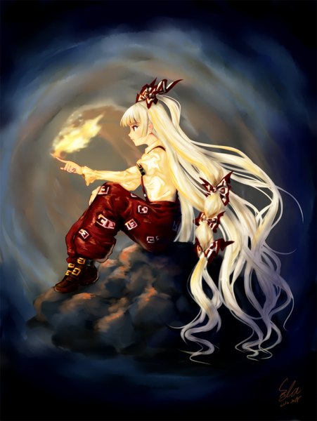 Anime picture 1240x1648 with touhou fujiwara no mokou single tall image red eyes sitting silver hair very long hair profile girl bow hair bow boots fire stone (stones)