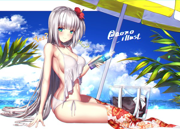 Anime picture 1646x1177 with azur lane original shoukaku (azur lane) aono meri single looking at viewer blush fringe breasts light erotic smile large breasts sitting holding signed sky cleavage silver hair cloud (clouds) blunt bangs