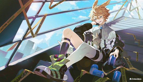 Anime picture 1734x1000 with arknights leonhardt (arknights) xiaojiaju single fringe highres short hair blonde hair hair between eyes wide image signed animal ears sky cloud (clouds) full body from below bunny ears head rest boy animal