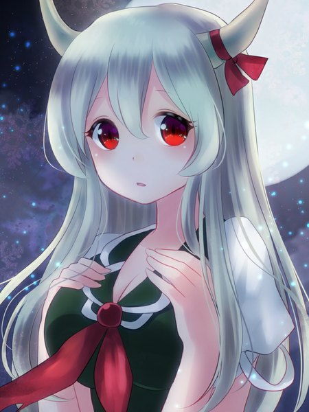 Anime picture 720x960 with touhou kamishirasawa keine ex-keine nunucco single long hair tall image looking at viewer blush breasts red eyes silver hair horn (horns) breast grab girl ribbon (ribbons) moon full moon