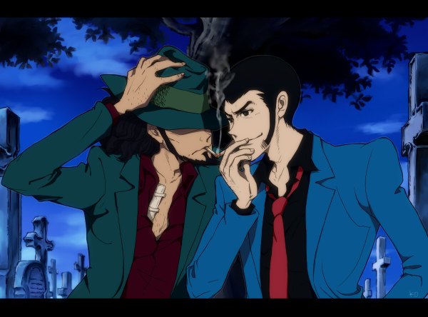 Anime picture 1200x888 with lupin iii jigen daisuke arsene lupin iii nagisa-a short hair black hair upper body outdoors night multiple boys letterboxed hand on head smoking hat over eyes sidewhiskers boy plant (plants) hat shirt tree (trees)