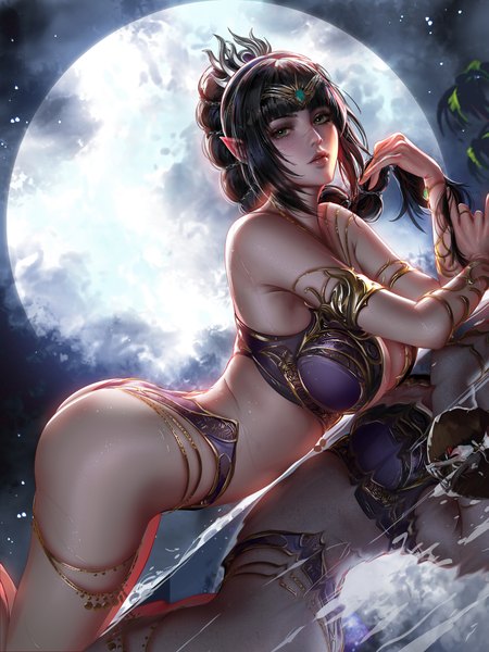 Anime picture 3000x4000 with dungeons and dragons baldur's gate shadowheart (baldur's gate) liang xing single long hair tall image looking at viewer fringe highres breasts light erotic black hair large breasts green eyes outdoors ass lying blunt bangs braid (braids)