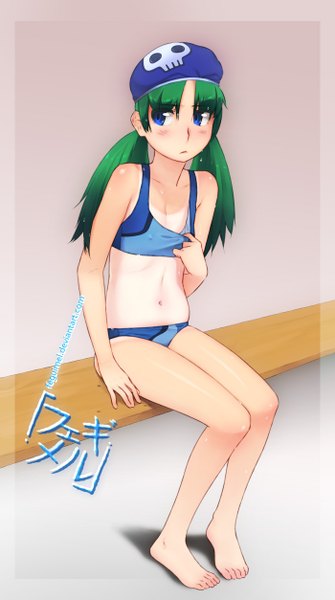Anime picture 700x1254 with original feguimel single long hair tall image blush breasts blue eyes light erotic looking away green hair bare belly legs flat chest girl navel swimsuit headdress